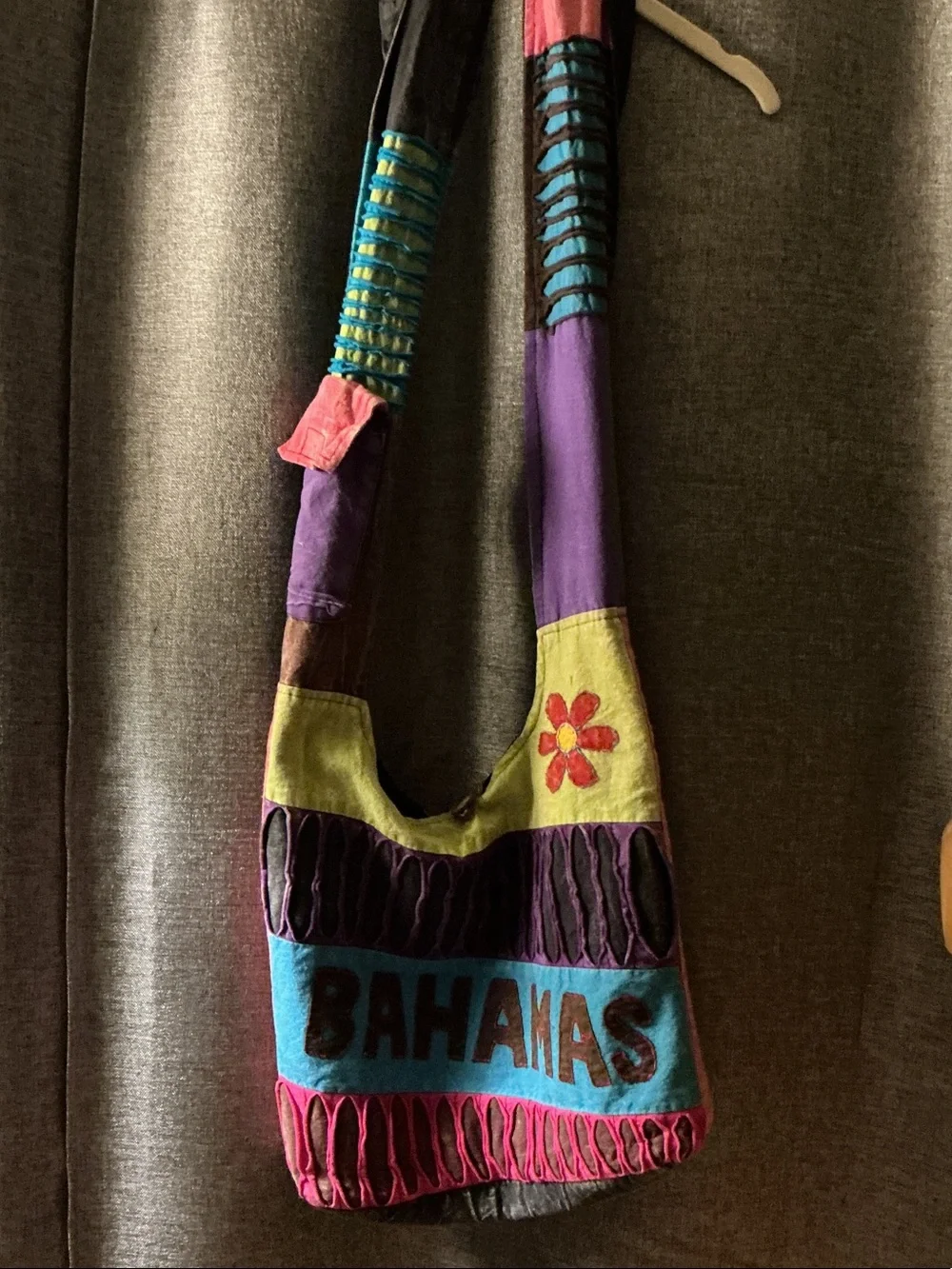Colorful Purple & Blue Patchwork Bahamas Shoulder Bag with Flower Detail